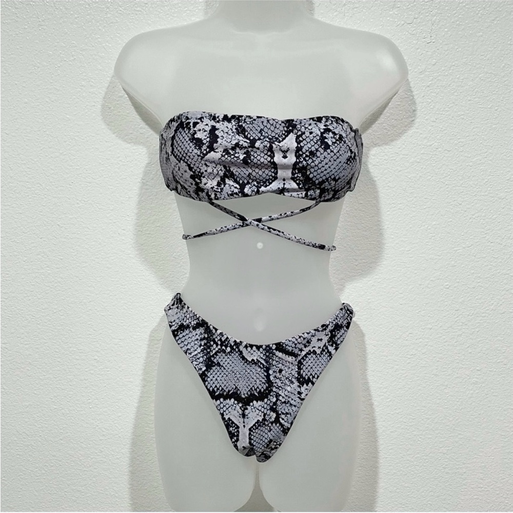 shein grey black snake tube top strapless wrap tie bikini thong swimsuit set